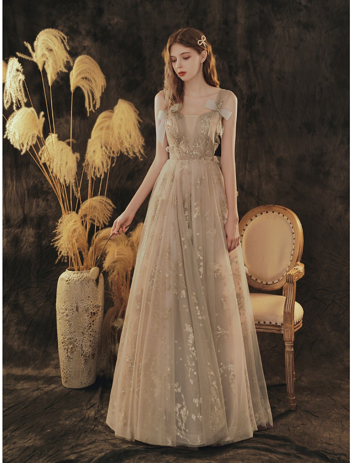 Wholesale  A-Line Elegant Floral Engagement Formal Evening Dress Scoop Neck Sleeveless Floor Length Tulle with Bow(s) Pleats